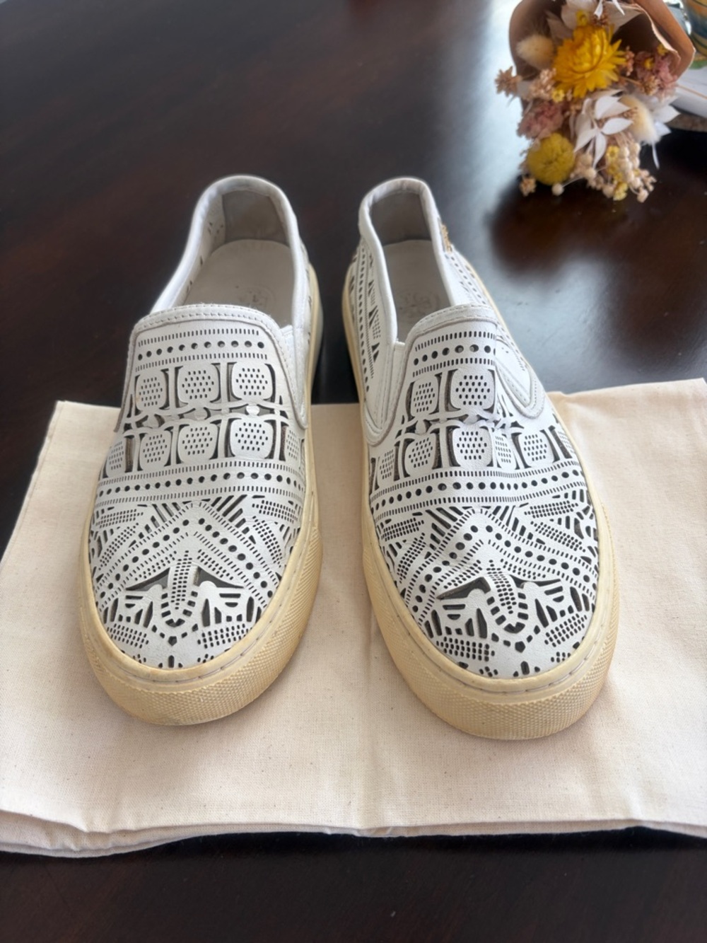 Tory Burch Ivory Laser-Cut Slip-On Leather Loafers